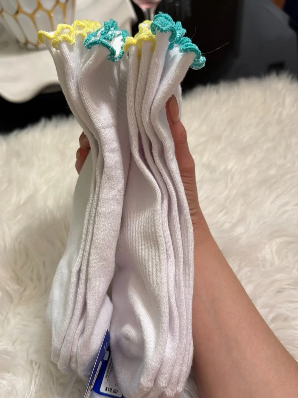JoyLab White Ankle Socks with Yellow Ruffle Trim